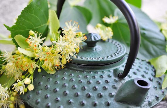 Teekanne mit Lindentee und Blumen